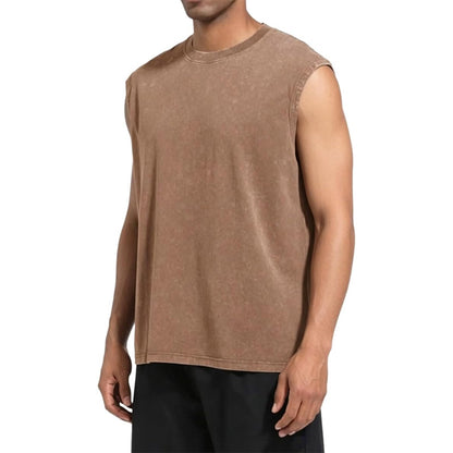 Men’s 100% Cotton Washed Vintage Sleeveless Tank Top - Casual Distressed Crew Neck Muscle Shirt