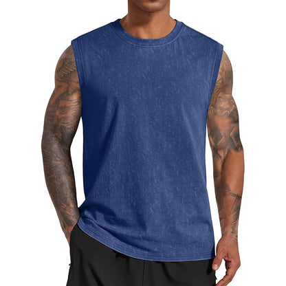 Men’s 100% Cotton Washed Vintage Sleeveless Tank Top - Casual Distressed Crew Neck Muscle Shirt