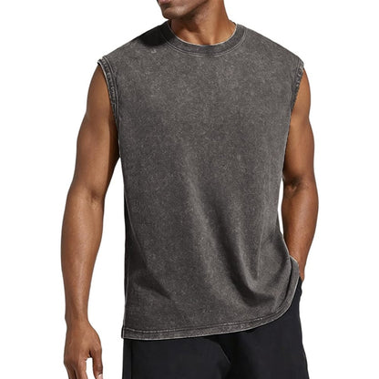 Men’s 100% Cotton Washed Vintage Sleeveless Tank Top - Casual Distressed Crew Neck Muscle Shirt