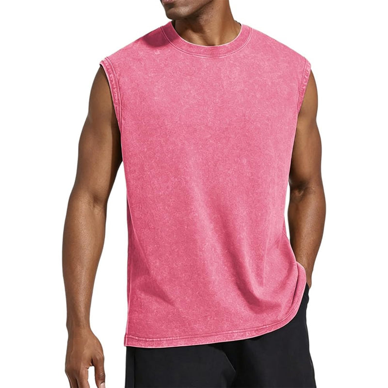 Men’s 100% Cotton Washed Vintage Sleeveless Tank Top - Casual Distressed Crew Neck Muscle Shirt