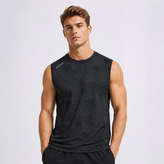 Men's camo print quick-dry tank top - front view - black