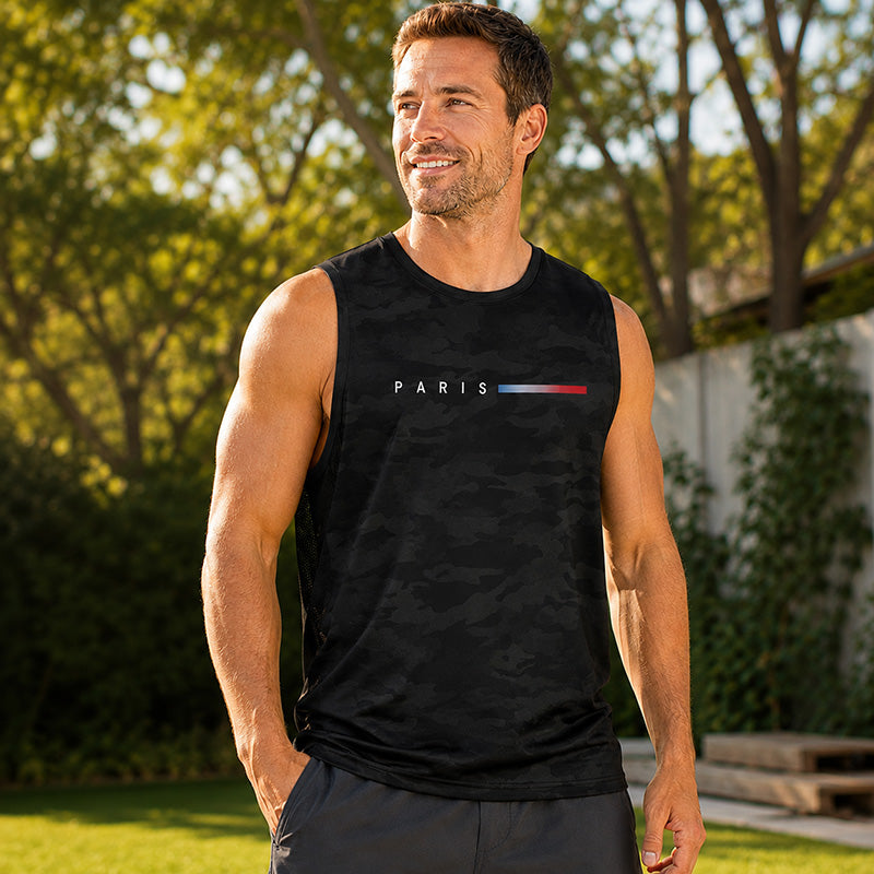 Men's Camo Paris Print Tank Top-Breathable Quick-Dry Sleeveless Gym Vest for Summer