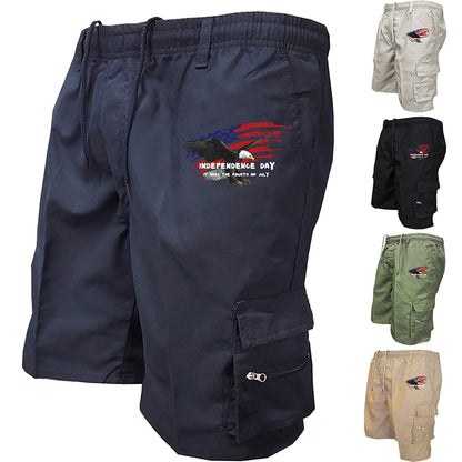 Men’s Independence Day Print Utility Cargo Shorts - Breathable Elastic Drawstring Shorts for Daily & Sports