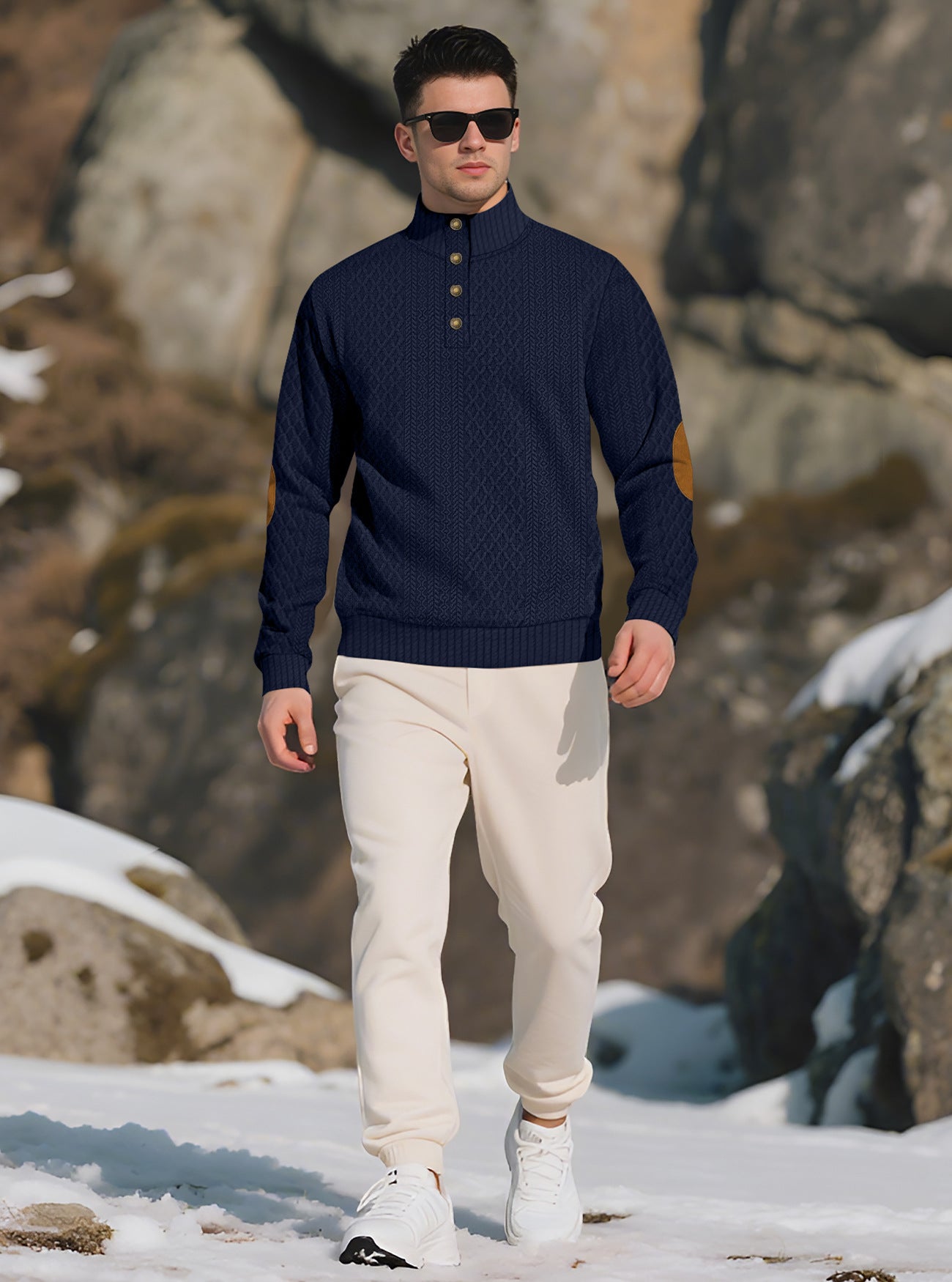 Men's Quarter-Zip Jacquard Sweater - Long Sleeve Mock Neck Pullover with Elbow Patches