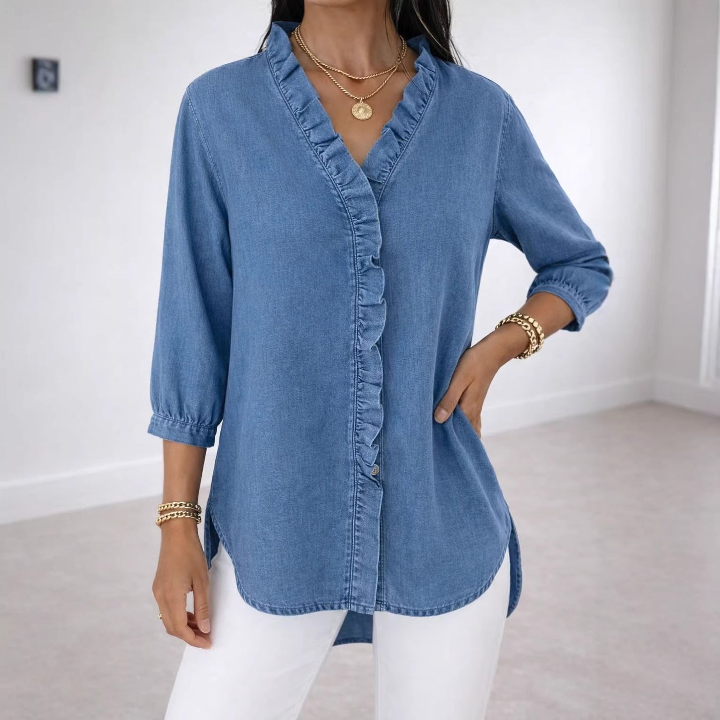 Women's Ruffle V-Neck Chambray-Look Blouse, 3/4 Sleeve Casual Denim-Style Shirt with High-Low Hem