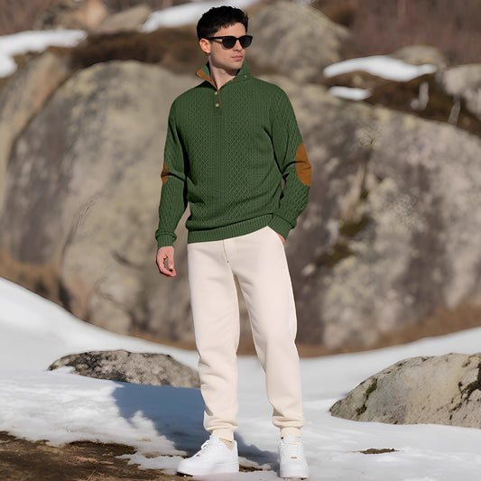 Men's Quarter-Zip Jacquard Sweater - Long Sleeve Mock Neck Pullover with Elbow Patches