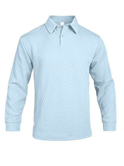Autumn Essential Men's Jacquard Polo - Oversized Solid Color Quarter Button Long Sleeve