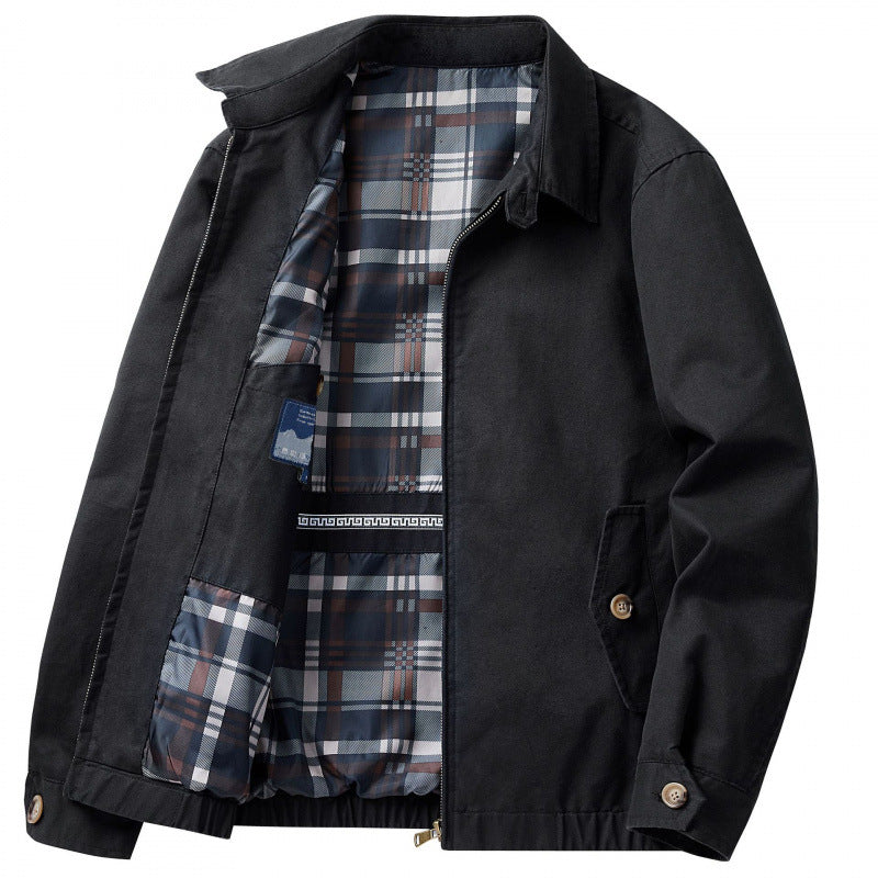 Men's Cotton Utility Jacket Spring & Fall Casual Solid Color Loose Fit Workwear Style Coat with Plaid Lining