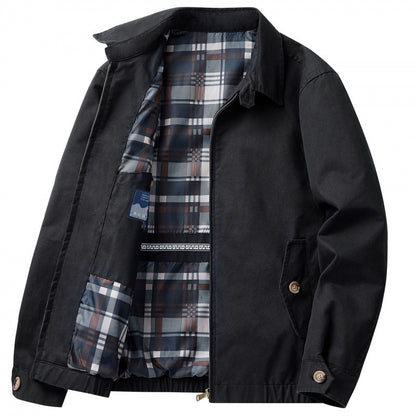 Men's Cotton Utility Jacket Spring & Fall Casual Solid Color Loose Fit Workwear Style Coat with Plaid Lining