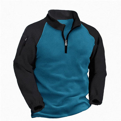 Men's Tactical Quarter-Zip Fleece Pullover - Color Block Stand Collar Sweatshirt for Outdoor & Casual