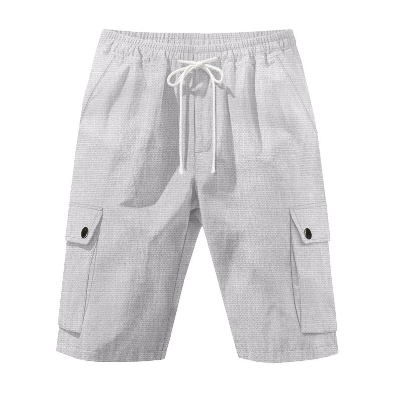 Men Linen Elastic Waist Casual Cargo Shorts