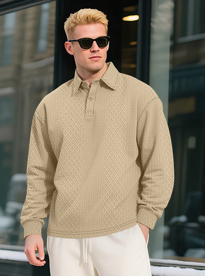 Autumn Essential Men's Jacquard Polo - Oversized Solid Color Quarter Button Long Sleeve