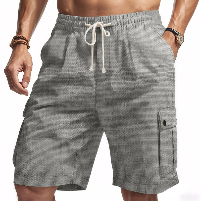 Men Linen Elastic Waist Casual Cargo Shorts