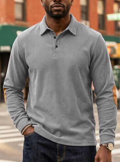 Men's Corduroy Quarter Placket Pullover – Leather Elbow Patches for Spring & Fall