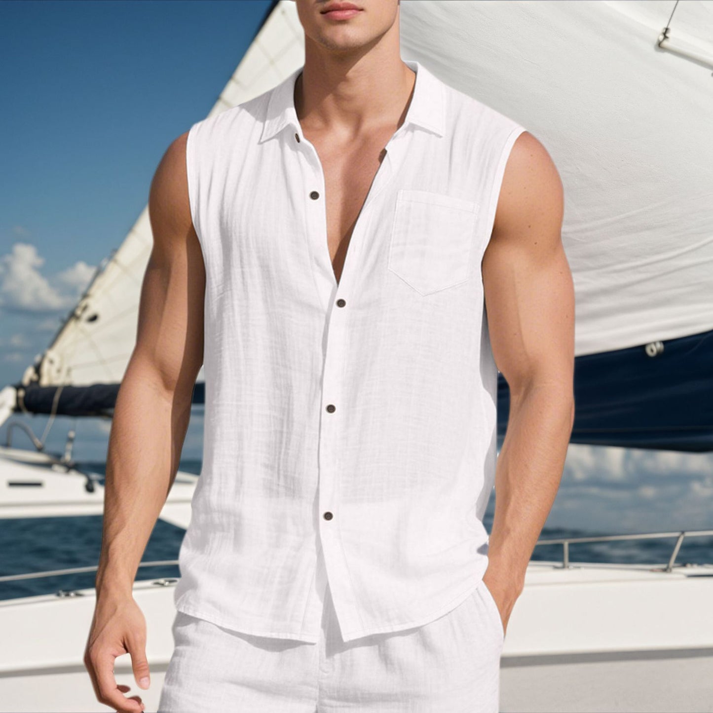 Men's Summer Trendy Linen Sleeveless Button Down Shirt