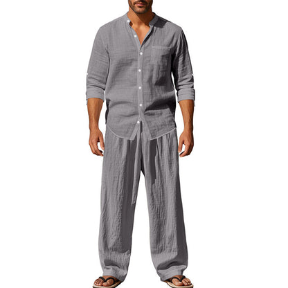 Men's Linen Blend 2-Piece Outfit, Stand Collar Roll-Up Sleeve Shirt & Wide Leg Pants Casual Set