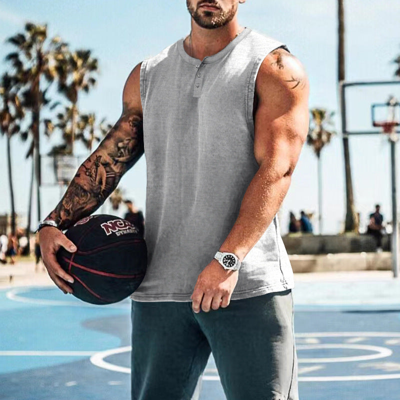 Men Henley Sleeveless Tank Top Quick Dry Gym Workout Shirt