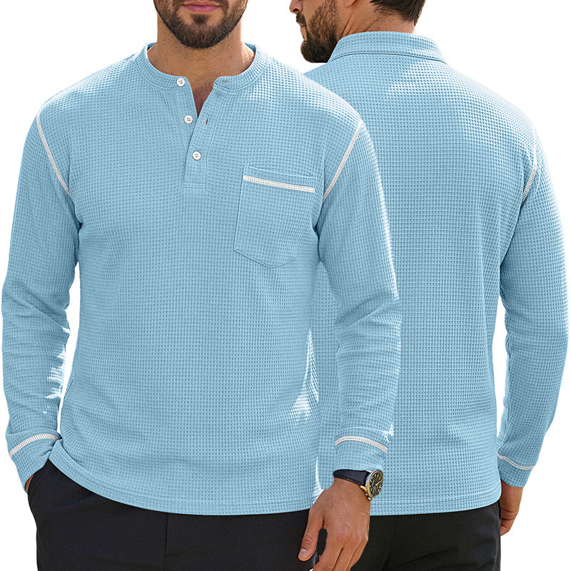 Men's Waffle-Knit Henley Long Sleeve Shirt - Casual Slim Fit Tops with Contrast Trim