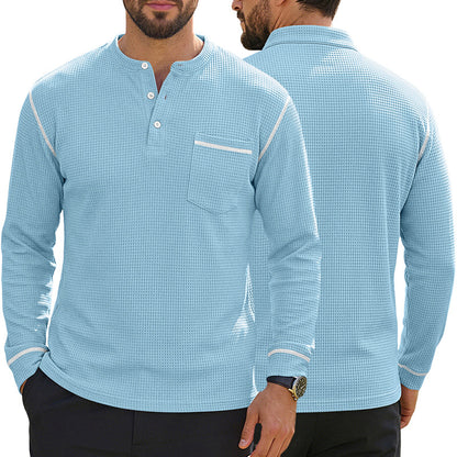 Men's Waffle-Knit Henley Long Sleeve Shirt - Casual Slim Fit Tops with Contrast Trim