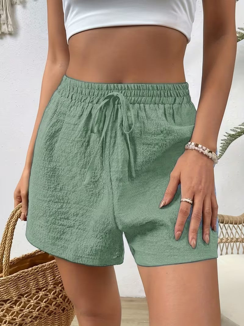 Women's Elastic Waist Casual Shorts - Summer Lightweight Breathable Solid Color, Faux Drawstring, Relaxed Fit Soft Lounge Outdoor Wear