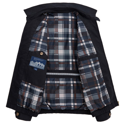 Men's Cotton Utility Jacket Spring & Fall Casual Solid Color Loose Fit Workwear Style Coat with Plaid Lining