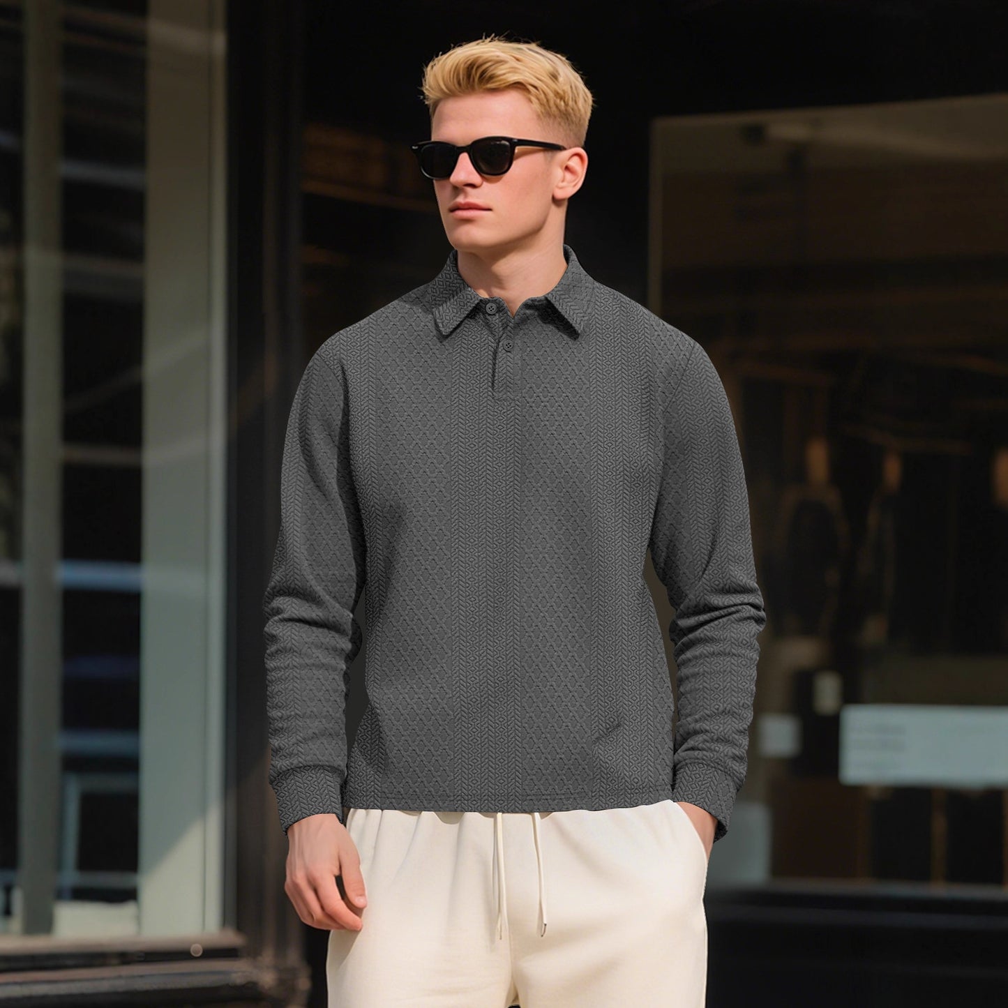 Autumn Essential Men's Jacquard Polo - Oversized Solid Color Quarter Button Long Sleeve