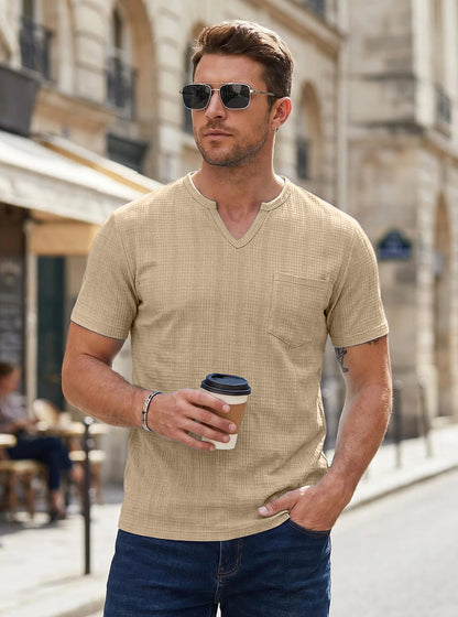 Men's Summer Henley T-Shirt - Slim Fit Linen-Like Breathable Casual Tee
