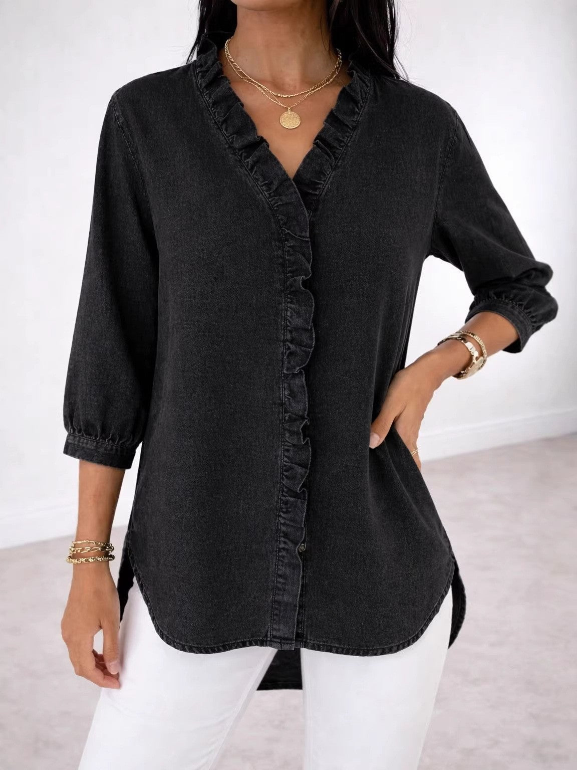 Women's Ruffle V-Neck Chambray-Look Blouse, 3/4 Sleeve Casual Denim-Style Shirt with High-Low Hem