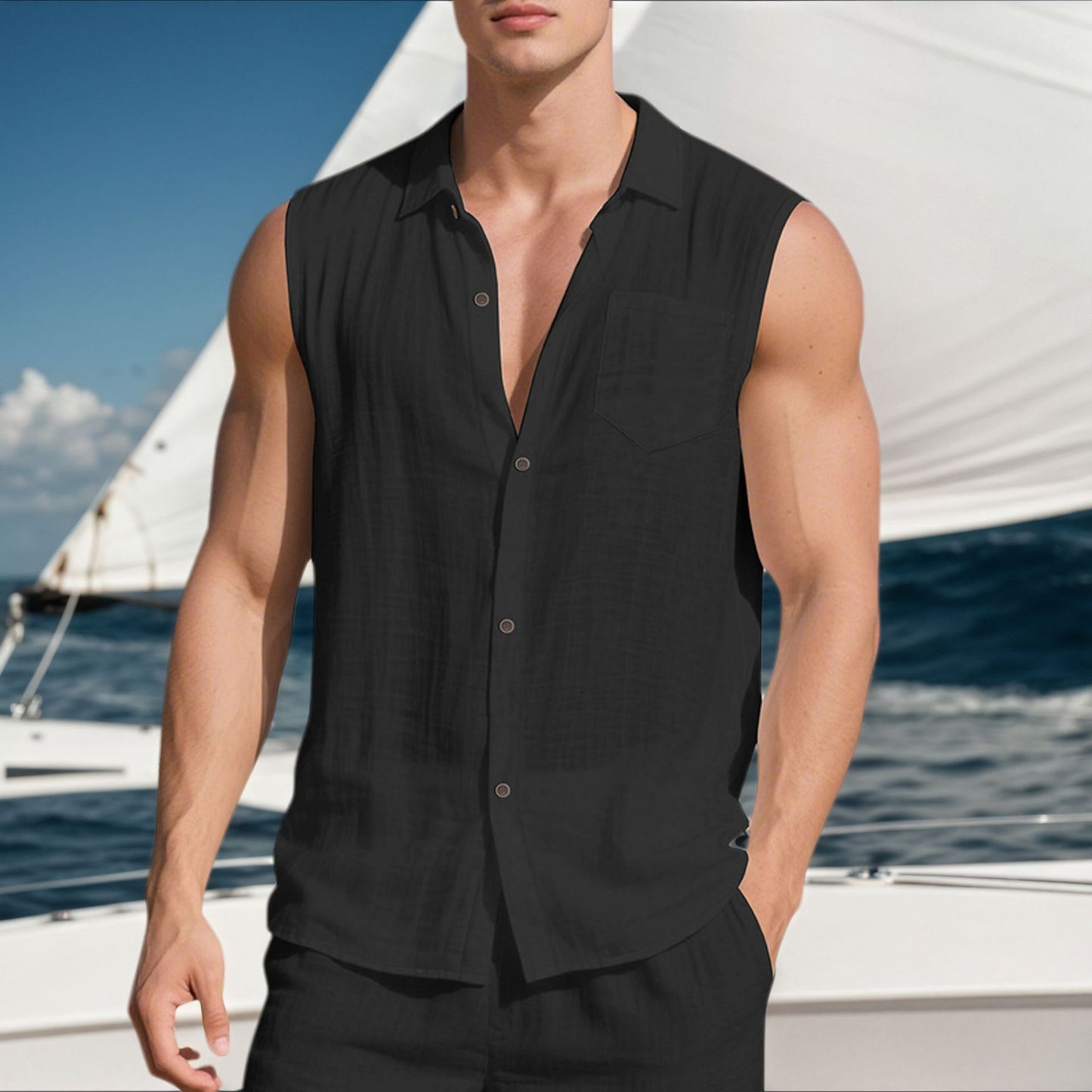 Men's Summer Trendy Linen Sleeveless Button Down Shirt