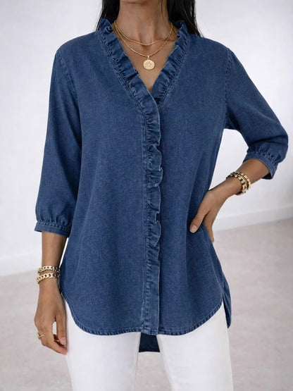 Women's Ruffle V-Neck Chambray-Look Blouse, 3/4 Sleeve Casual Denim-Style Shirt with High-Low Hem