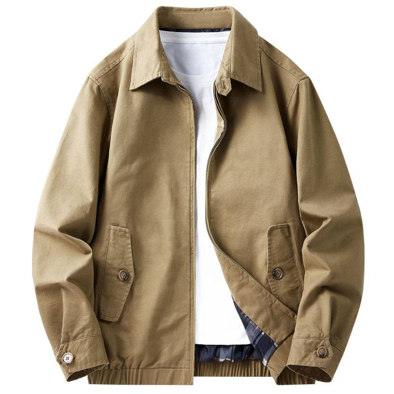 Men's Cotton Utility Jacket Spring & Fall Casual Solid Color Loose Fit Workwear Style Coat with Plaid Lining