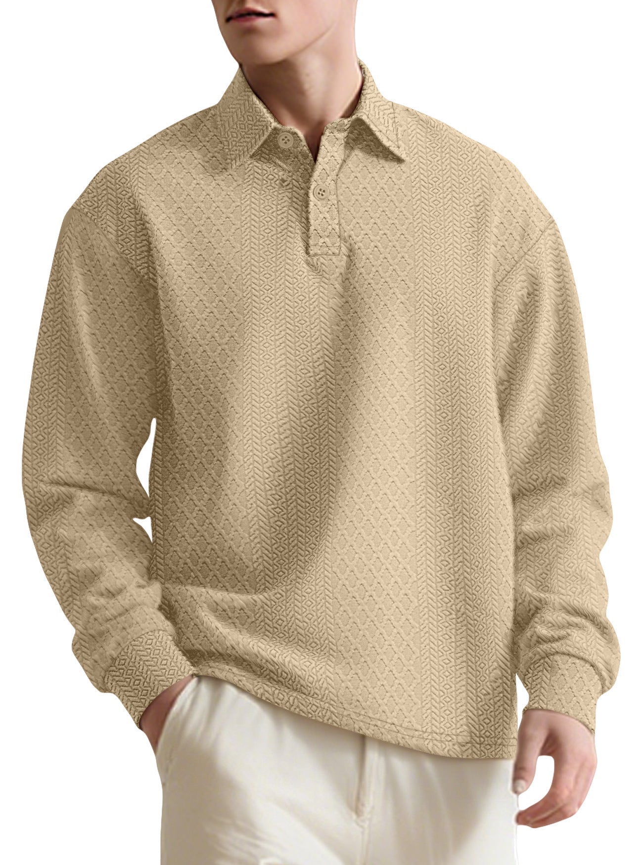 Autumn Essential Men's Jacquard Polo - Oversized Solid Color Quarter Button Long Sleeve