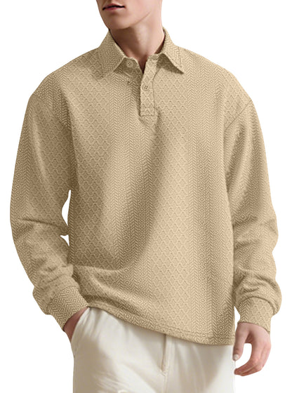 Autumn Essential Men's Jacquard Polo - Oversized Solid Color Quarter Button Long Sleeve