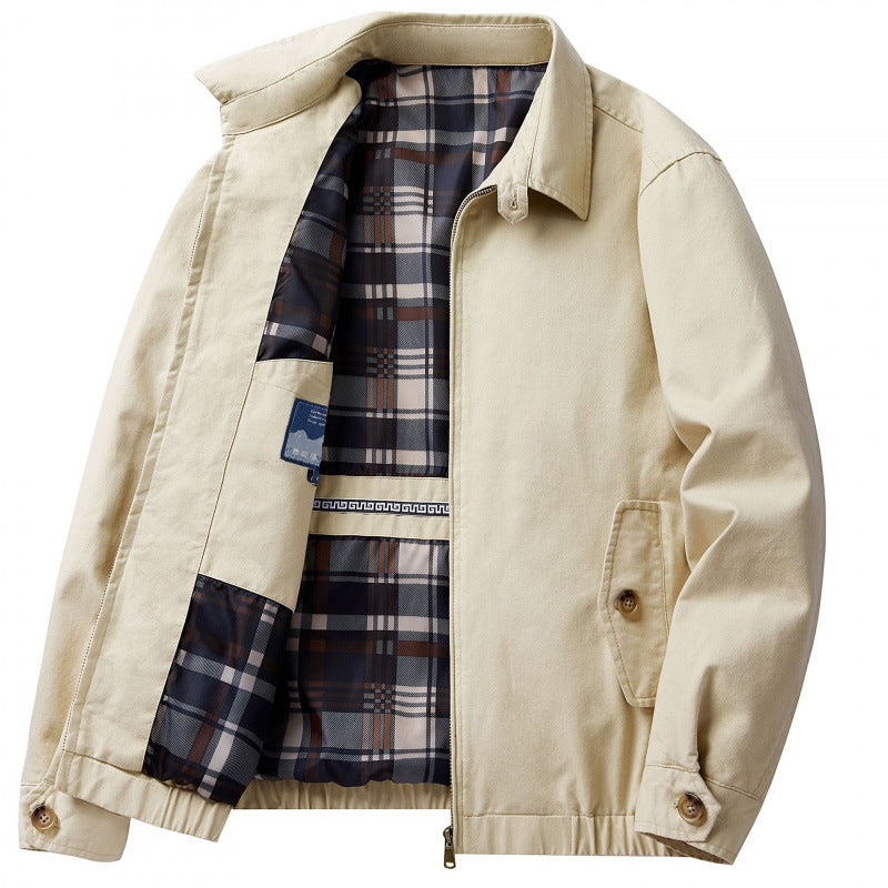 Men's Cotton Utility Jacket Spring & Fall Casual Solid Color Loose Fit Workwear Style Coat with Plaid Lining