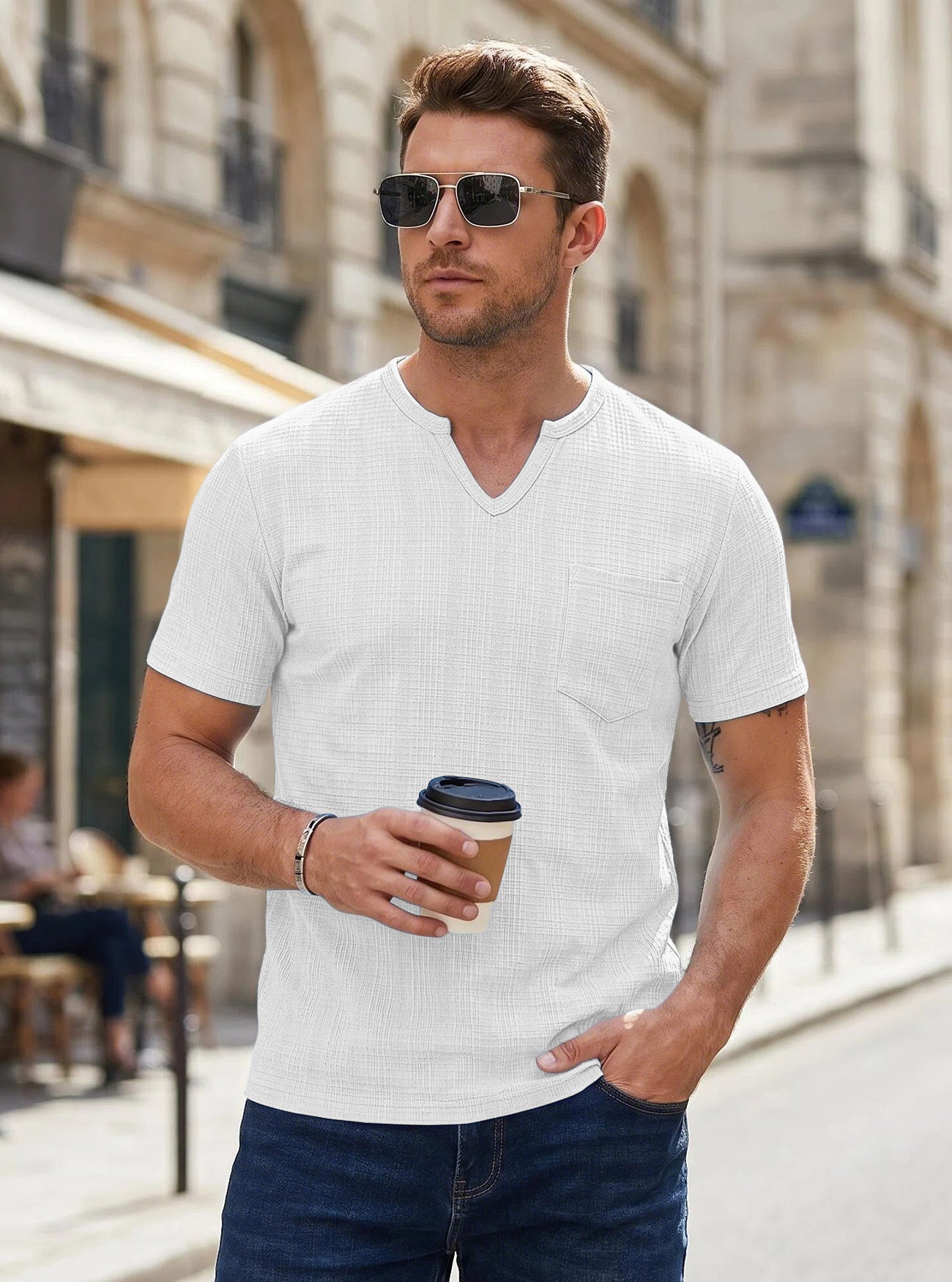 Men's Summer Henley T-Shirt - Slim Fit Linen-Like Breathable Casual Tee