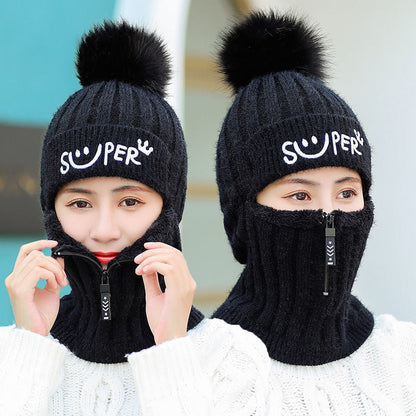 Women's Winter Knitted Hat Cold Weather Face Mask Neck Warmer Pom Beanie