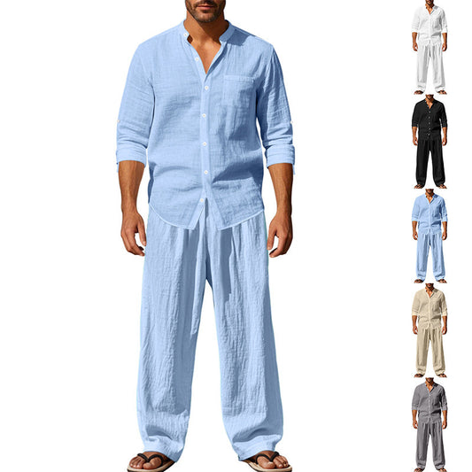 Men's Linen Blend 2-Piece Outfit, Stand Collar Roll-Up Sleeve Shirt & Wide Leg Pants Casual Set