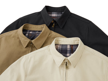 Men's Cotton Utility Jacket Spring & Fall Casual Solid Color Loose Fit Workwear Style Coat with Plaid Lining