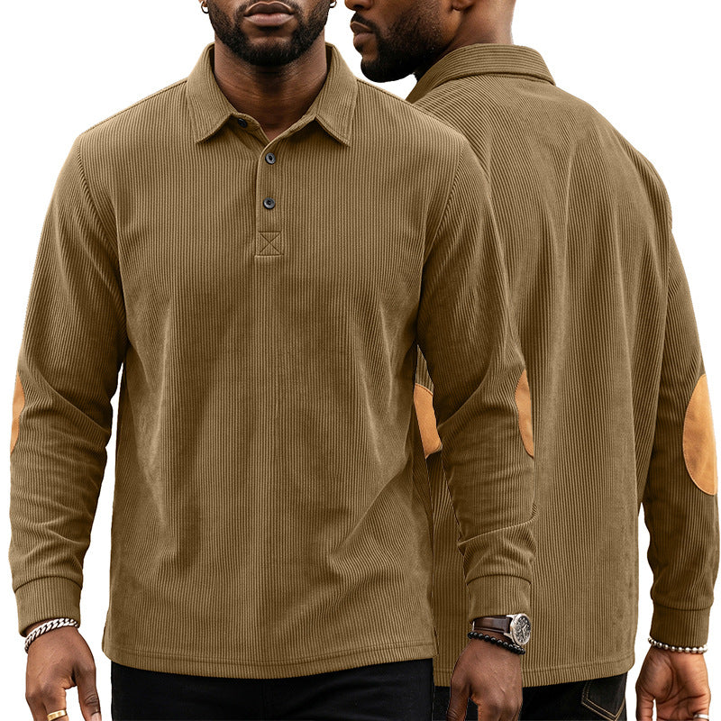 Men's Corduroy Quarter Placket Pullover – Leather Elbow Patches for Spring & Fall