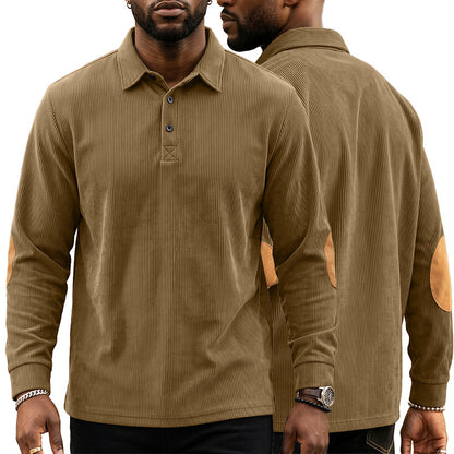 Men's Corduroy Quarter Placket Pullover – Leather Elbow Patches for Spring & Fall