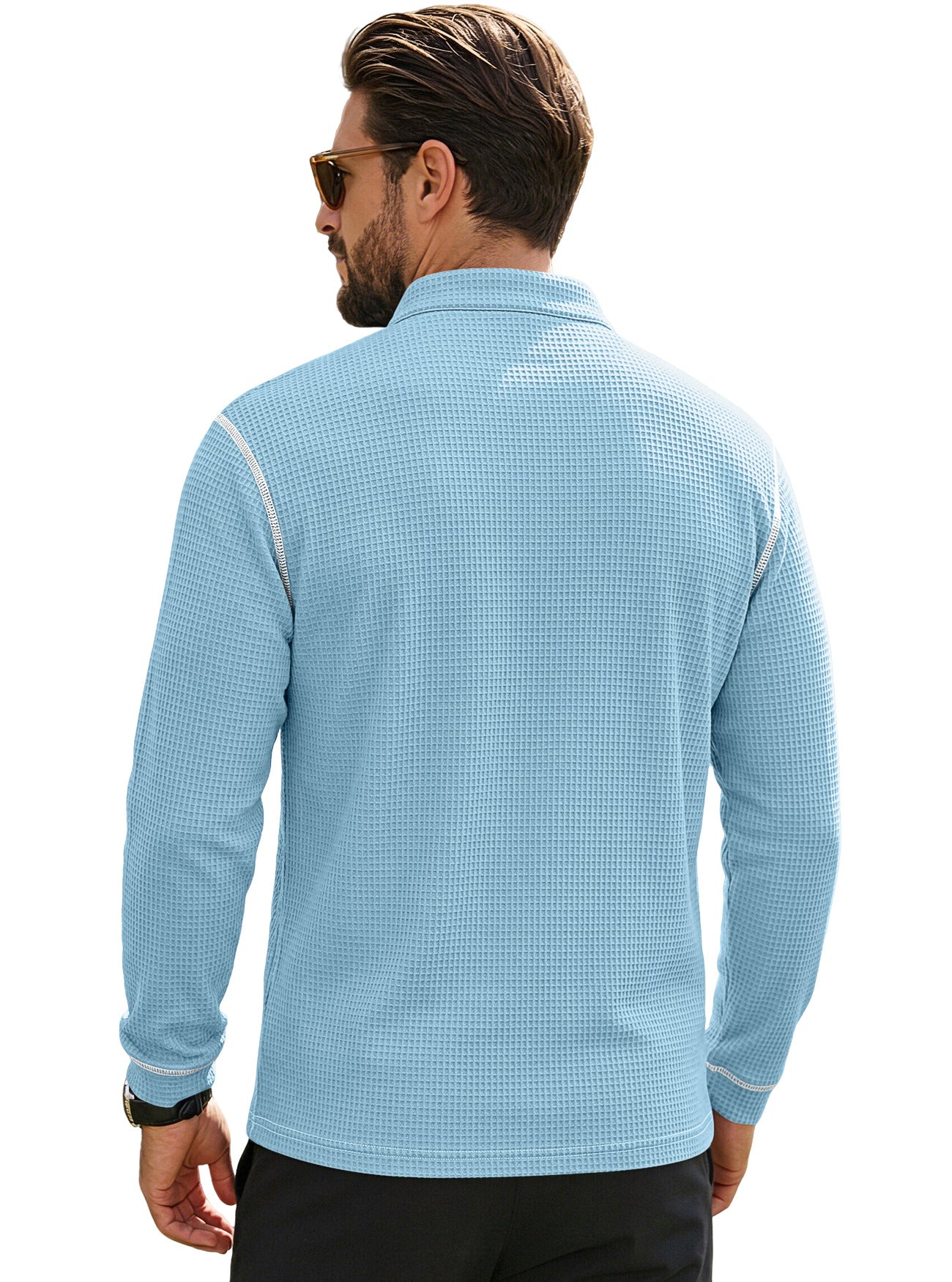 Men's Waffle-Knit Henley Long Sleeve Shirt - Casual Slim Fit Tops with Contrast Trim