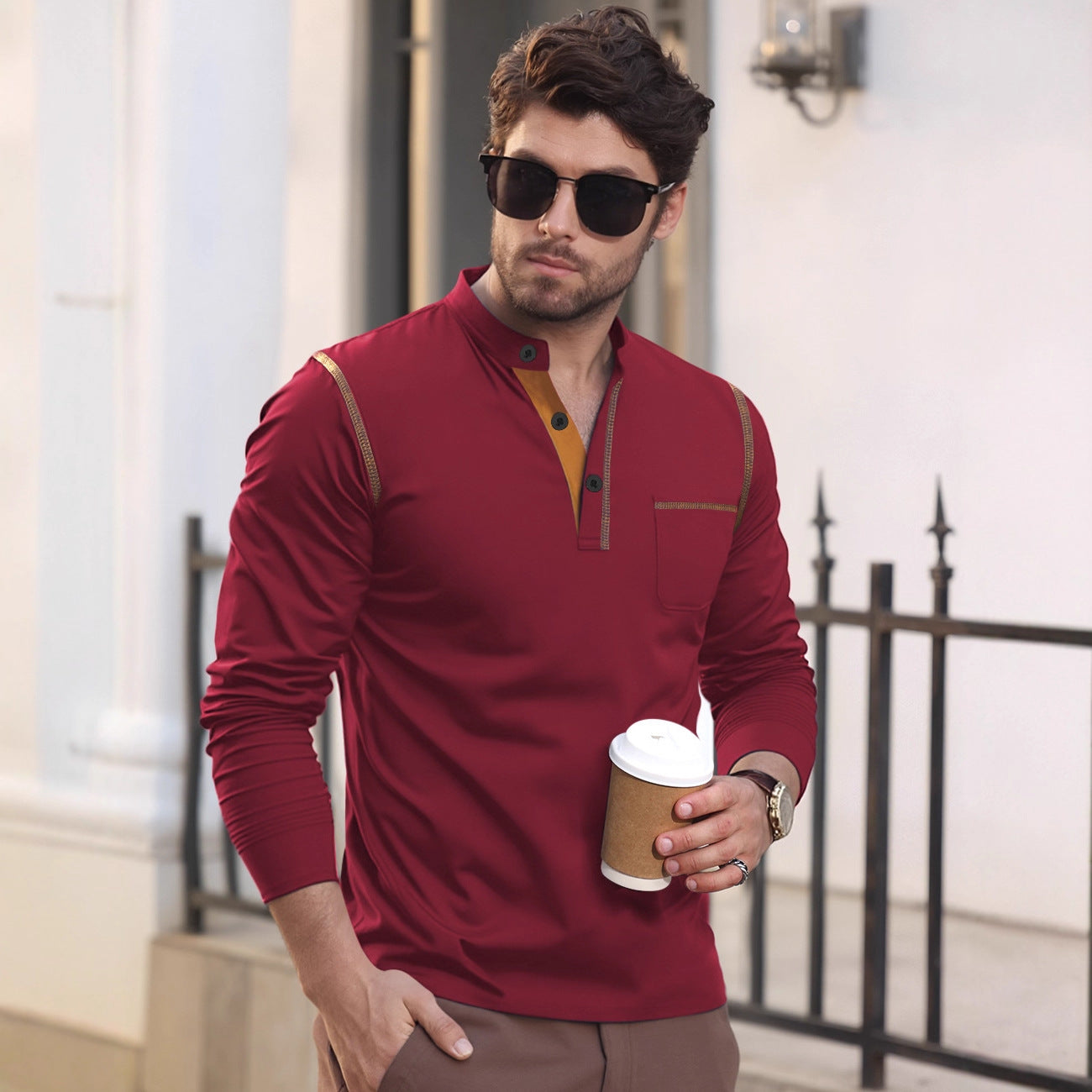 Men's Long Sleeve Henley with Contrast Trim