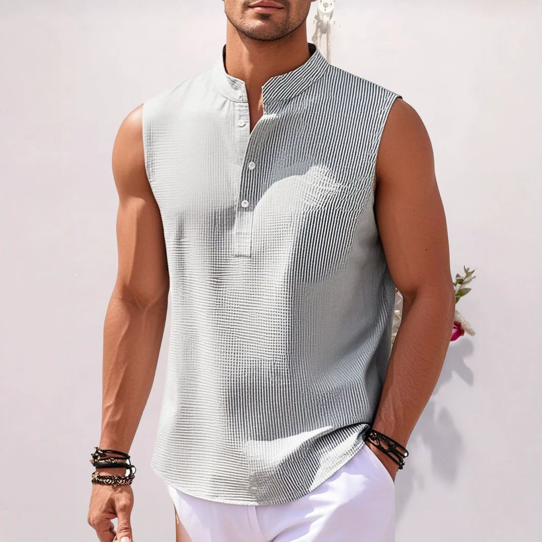 Men's Sleeveless Stand Collar Henley Shirt, Casual Tank Top