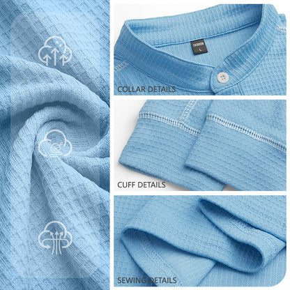 Men's Waffle-Knit Henley Long Sleeve Shirt - Casual Slim Fit Tops with Contrast Trim