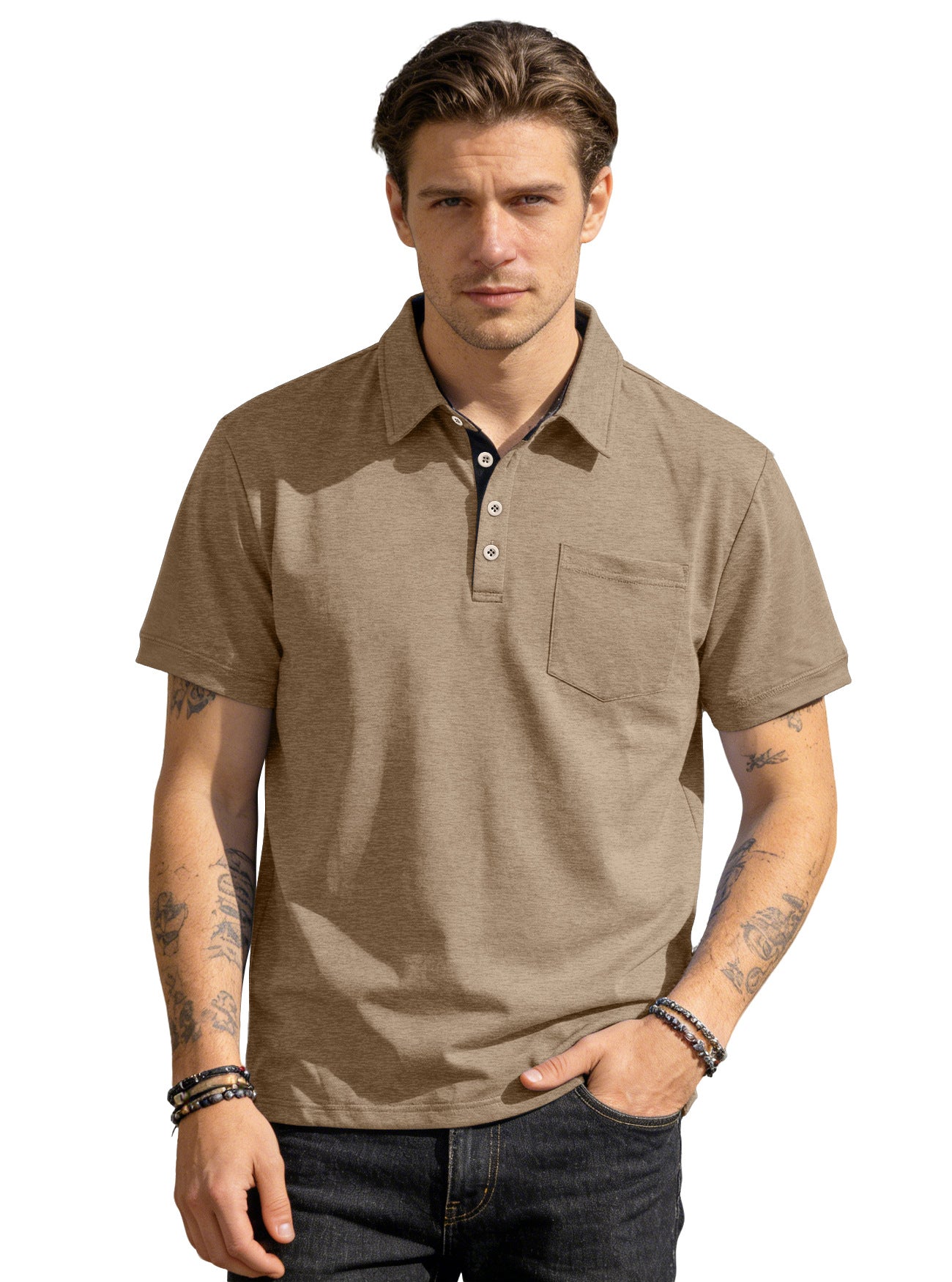 Men's Summer Spring Pocket Polo Shirt, Solid Color Short Sleeve Relaxed Fit Casual Business Top
