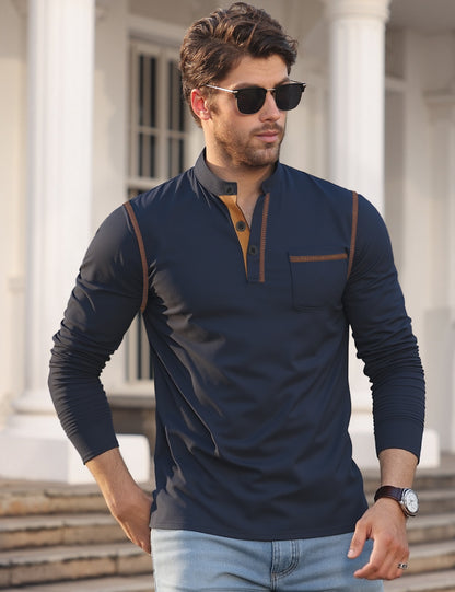 Men's Long Sleeve Henley with Contrast Trim