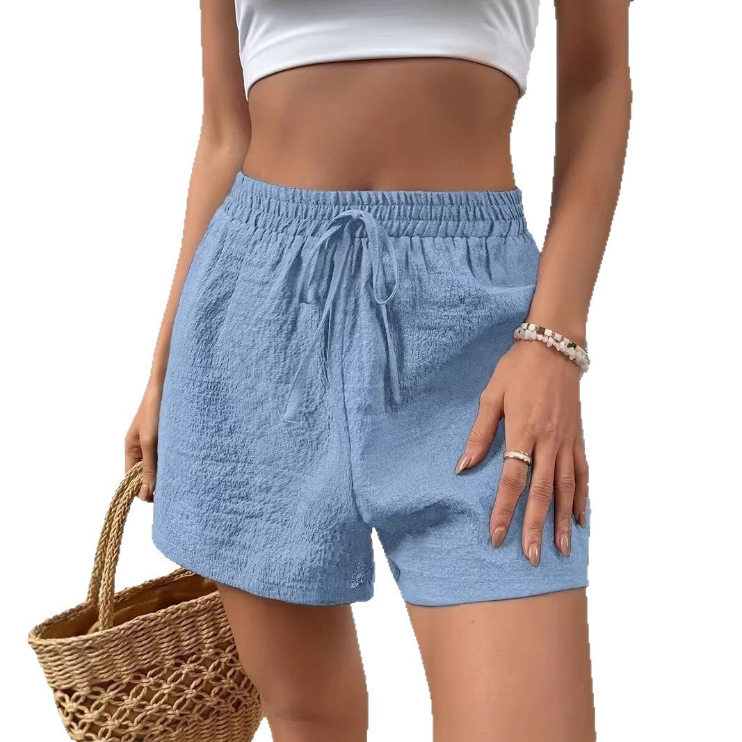 Women's Elastic Waist Casual Shorts - Summer Lightweight Breathable Solid Color, Faux Drawstring, Relaxed Fit Soft Lounge Outdoor Wear