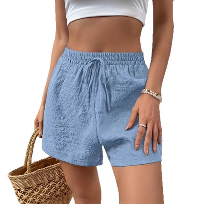 Women's Elastic Waist Casual Shorts - Summer Lightweight Breathable Solid Color, Faux Drawstring, Relaxed Fit Soft Lounge Outdoor Wear