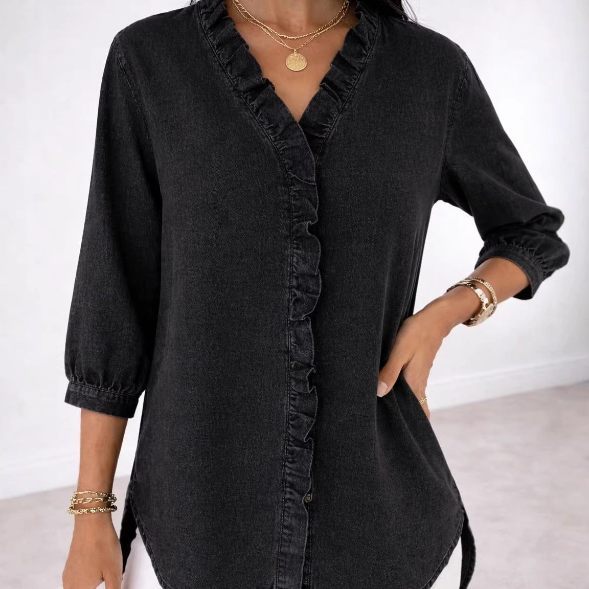 Women's Ruffle V-Neck Chambray-Look Blouse, 3/4 Sleeve Casual Denim-Style Shirt with High-Low Hem