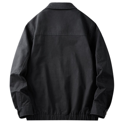 Men's Cotton Utility Jacket Spring & Fall Casual Solid Color Loose Fit Workwear Style Coat with Plaid Lining